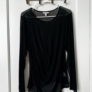Bar III Black Sheer Long Sleeve Draped Front Top